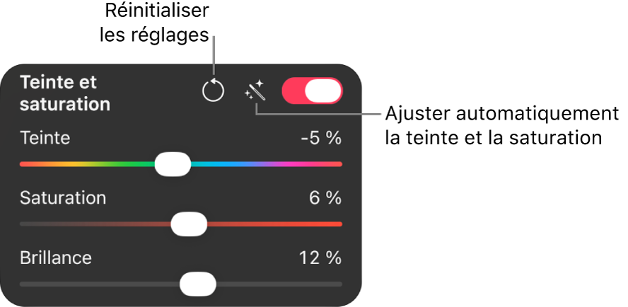 Commandes «&nbsp;Teinte et saturation&nbsp;» dans la sous-fenêtre «&nbsp;Réglages des couleurs&nbsp;».
