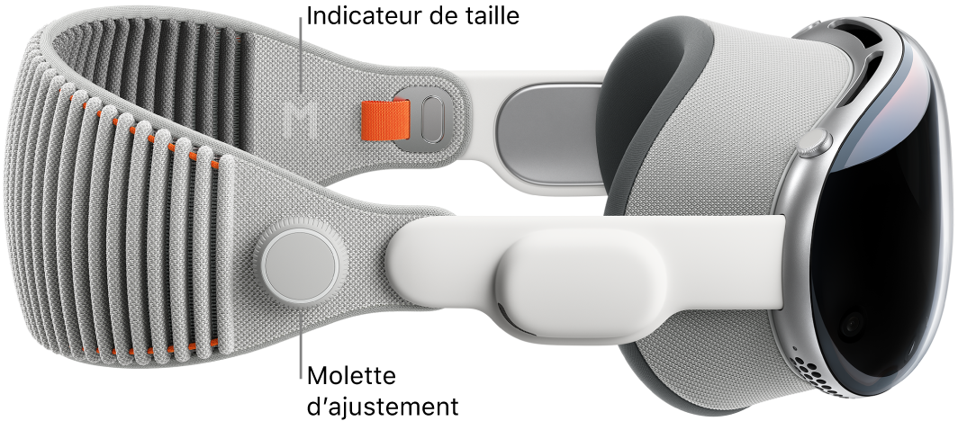 L’Apple&nbsp;Vision&nbsp;Pro sur lequel est fixé le bandeau tissé solo. La molette d’ajustement se trouve sur le côté droit du bandeau tissé solo.