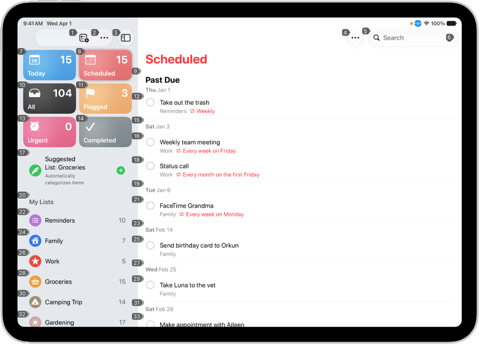 Un iPad con un numero accanto a ciascun elemento nell’app Promemoria.