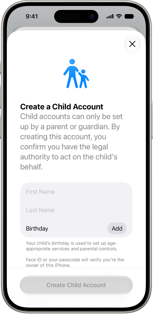 The Create a Child Account screen on iPhone.