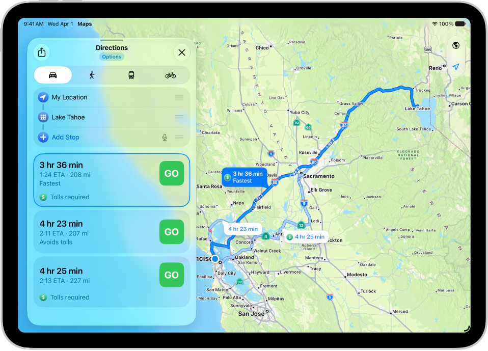 An iPad showing a map with several driving route options to the same destination. Each route shows the estimated time and distance, and a Steps button to see detailed directions. Color coding on each route indicates traffic conditions.