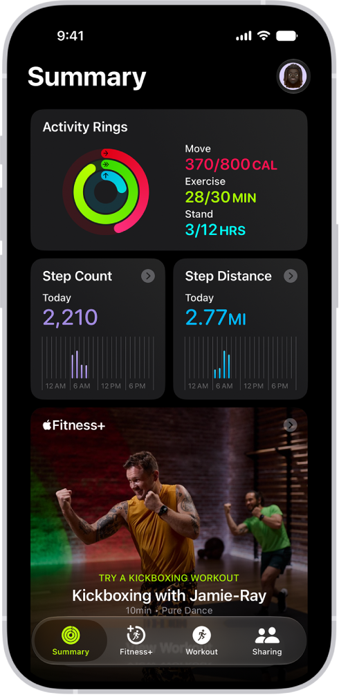 The Summary screen in Fitness, showing the Activity Rings, Step Count, Step Distance, and Trends areas.