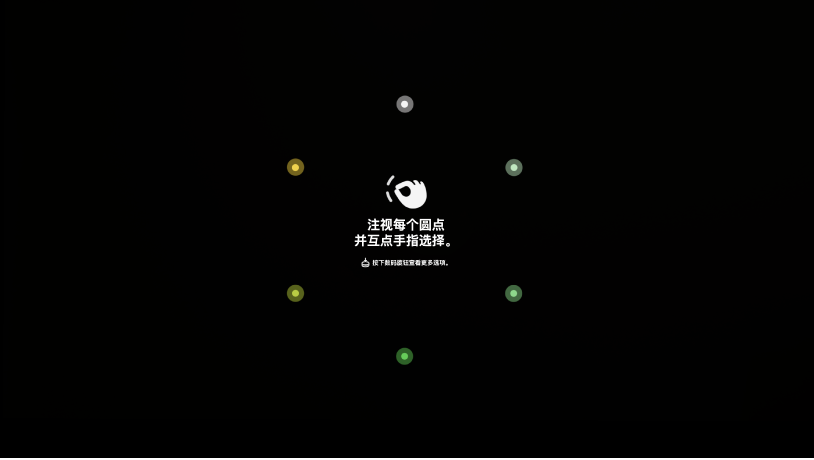 “眼部设置”视图，包含注视各个圆点并互点手指将其选中的说明，或者按下数码旋钮访问更多选项的说明。