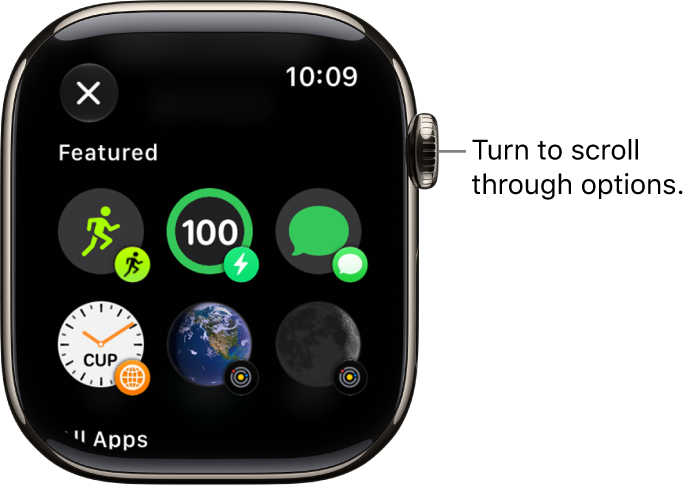 The customize screen for a watch face showing featured complications. Turn the Digital Crown to browse complications.
