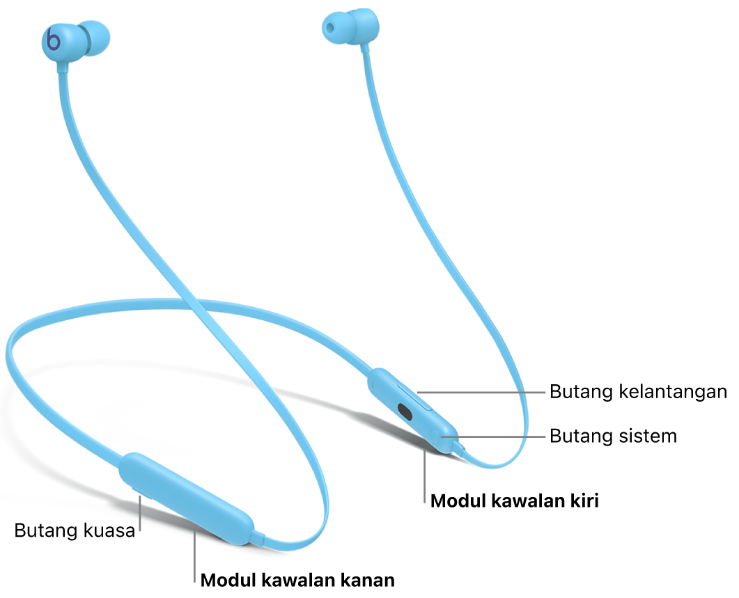 Imej Beats&nbsp;Flex menunjukkan lokasi butang kuasa pada modul kawalan kanan dan lokasi butang kelantangan serta butang sistem pada modul kawalan kiri.