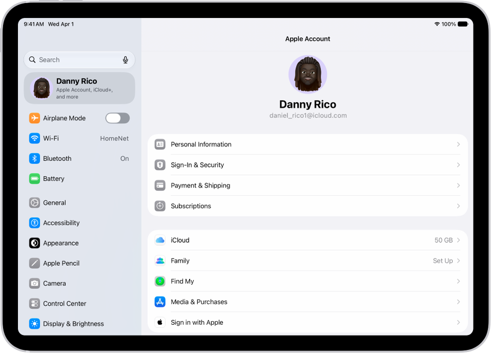 The Apple Account Settings shown with a list of options including—personal information, subscriptions, Find My, and more.
