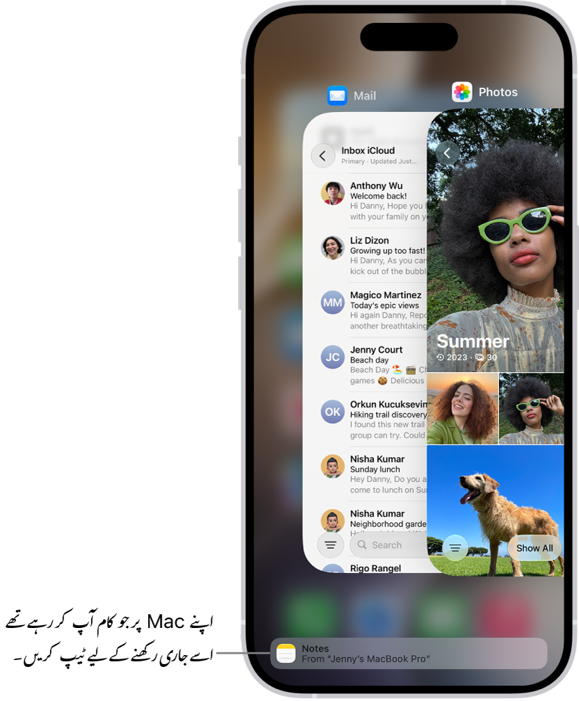 ‏iPhone پر ایپ سوئچر جس میں اسکرین کے نچلے حصے میں Handoff اطلاع دکھائی جا رہی ہے۔