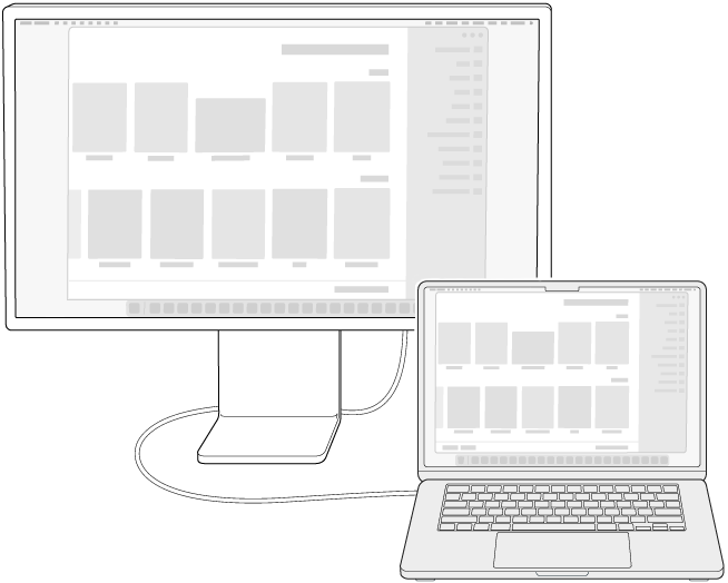 شاشة عرض متصلة بكمبيوتر MacBook&nbsp;Air حيث تتم محاكاة سطح المكتب على كلتا الشاشتين.
