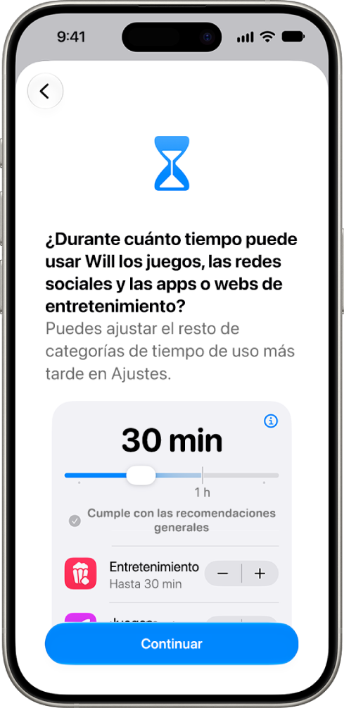 La pantalla de configuración de los controles parentales con la cantidad de tiempo permitida en categorías de apps como “Redes sociales” y Entretenimiento.