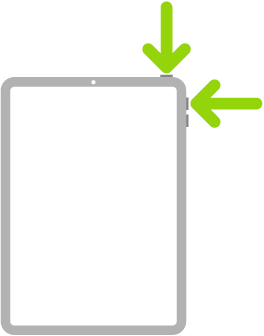 Ilustración de un iPad con flechas que apuntan al botón superior y al botón de subir volumen en la parte superior derecha.