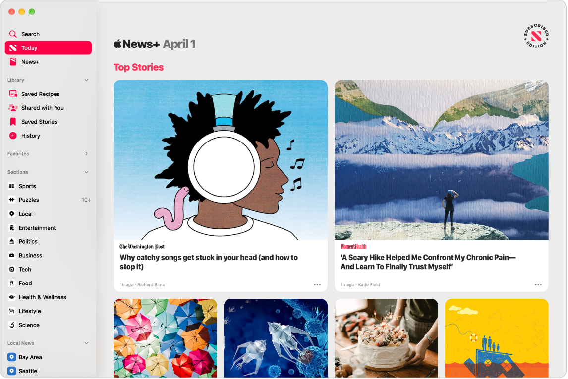 The Apple News window with the sidebar on the left and Top Stories on the right.