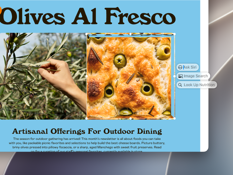 A Mac screen with a Mail window open. A portion of the window is selected with options to Ask Siri, Image Search, and Look Up Nutrition.