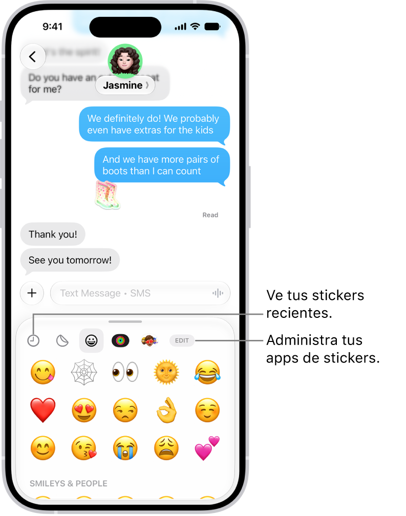 Varios stickers aparecen debajo de la conversación. Cada botón de la parte superior de la tarjeta abre un paquete de stickers.