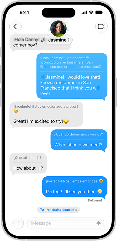 「電話」App 中的電話通話，顯示對話從德文翻譯成英文。