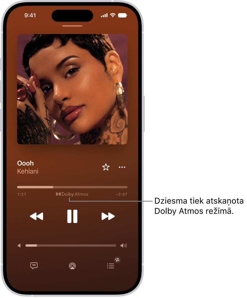 Ekrāns Now Playing, kurā tiek rādīta atskaņotā ieraksta Dolby Atmos ikona.