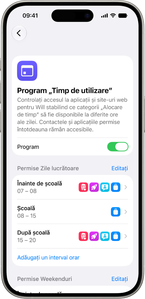 Ecranul Program „Timp de utilizare” din configurările „Timp de utilizare”, afișând un program pentru zilele lucrătoare cu intervale orare pentru „Înainte de școală”, „Școală” și „După școală”.