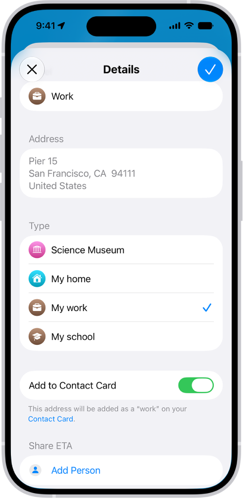 The Maps app showing the Details screen with options to set an address as home, work, or school.