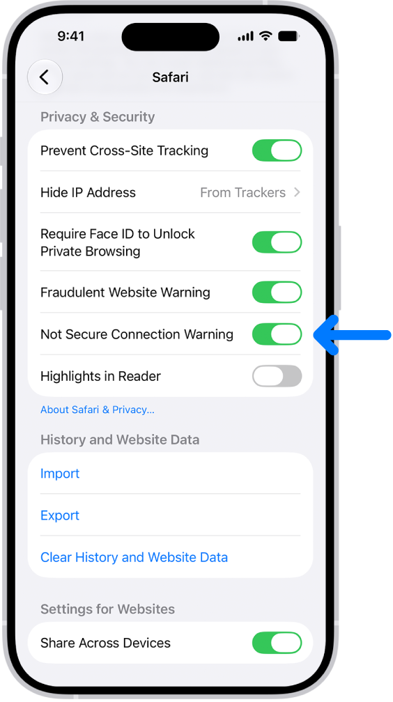 El control Advertencia de conexión no segura, ubicado debajo de Privacidad y seguridad en la configuración de Safari.
