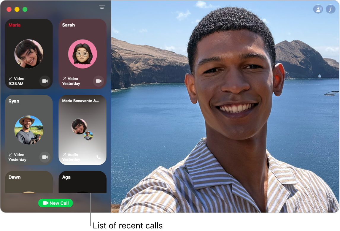A FaceTime window showing the list of recent callers on the left.