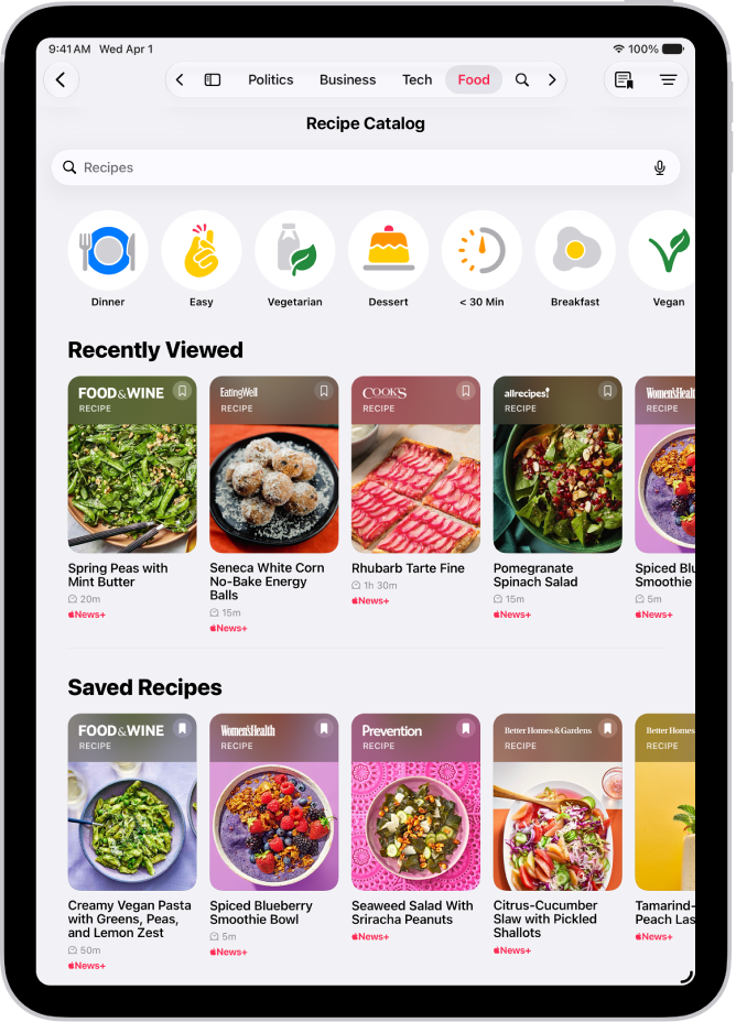 The Recipe Catalog in the News app.