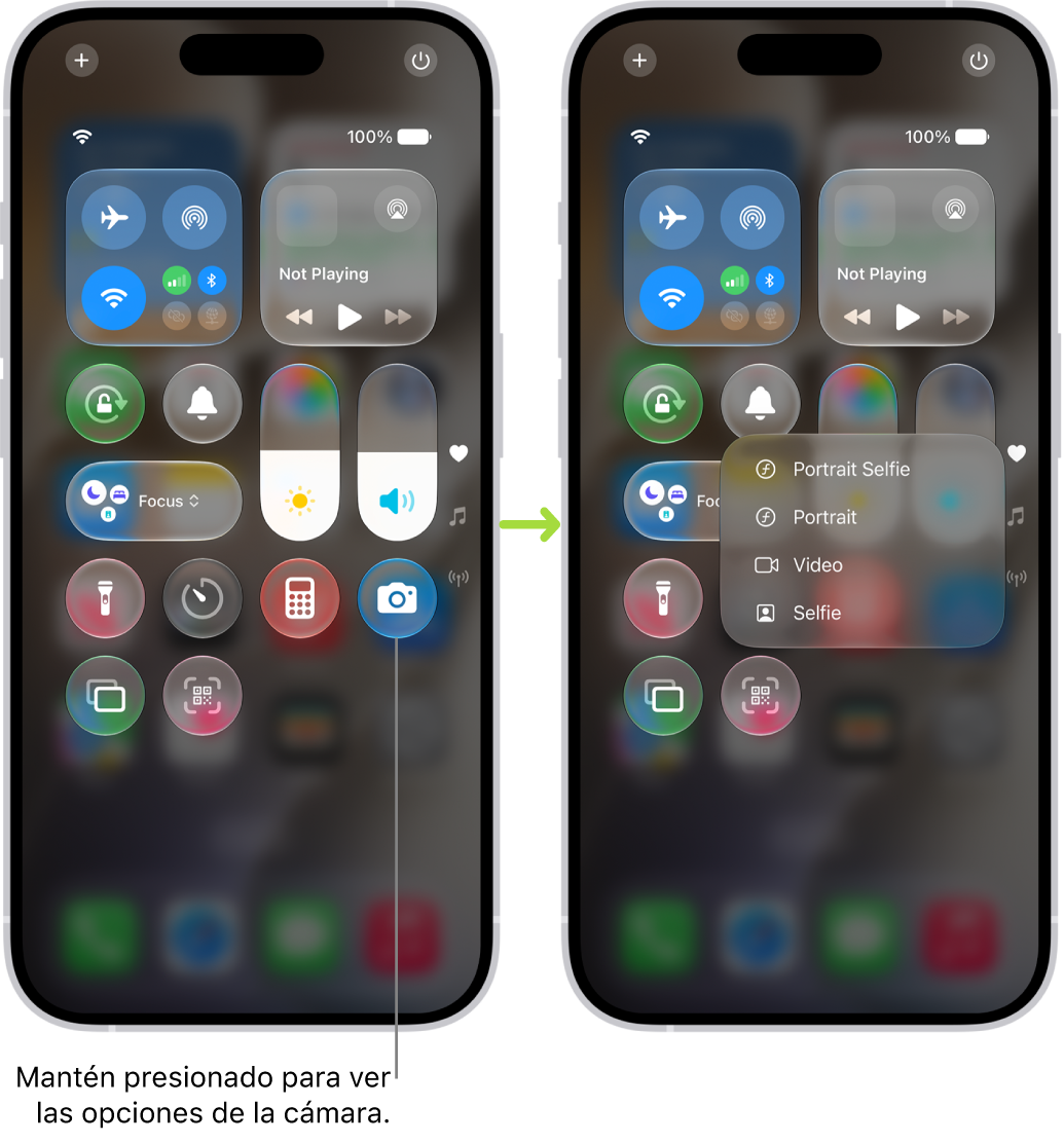 Dos pantallas del centro de control lado a lado; la de la izquierda muestra controles para el modo de vuelo, los datos celulares, la red Wi-Fi y Bluetooth en el grupo superior izquierdo. El ícono de Cámara está en la parte inferior derecha. La pantalla de la derecha muestra más opciones en el menú de acciones rápidas de Cámara: Selfie, Video, Retrato y Selfie en modo retrato.