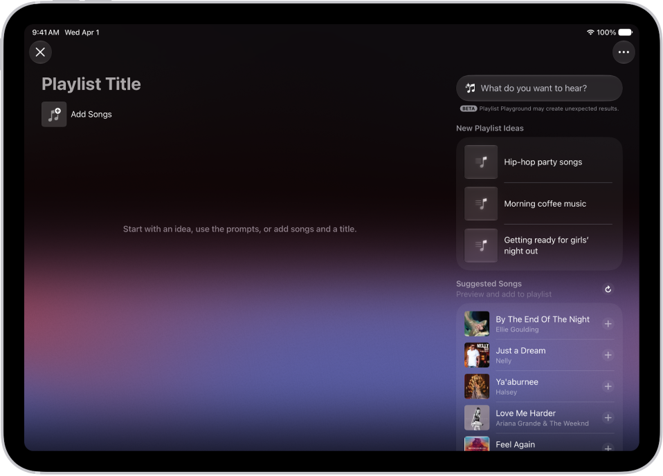 Playlist Playground open in Apple Music, showing the title field, the Add Songs button, and a search field with playlist suggestions below it.