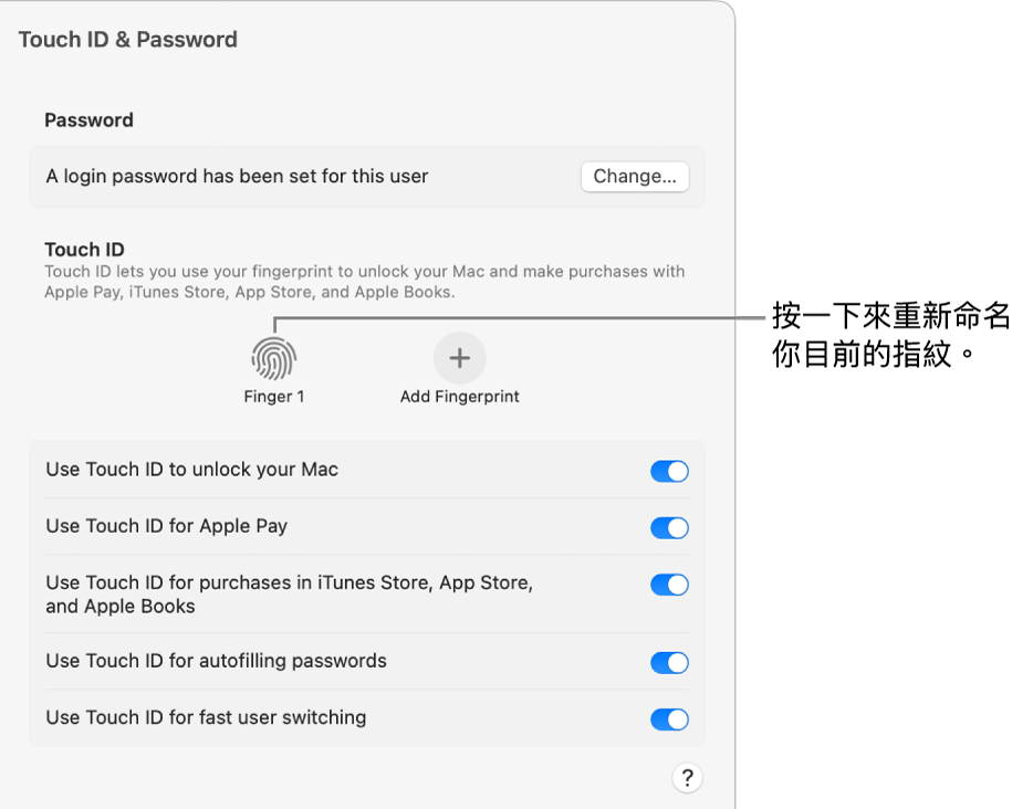「Touch ID 與密碼」設定，顯示已就緒且可用於解鎖 Mac 的指紋。
