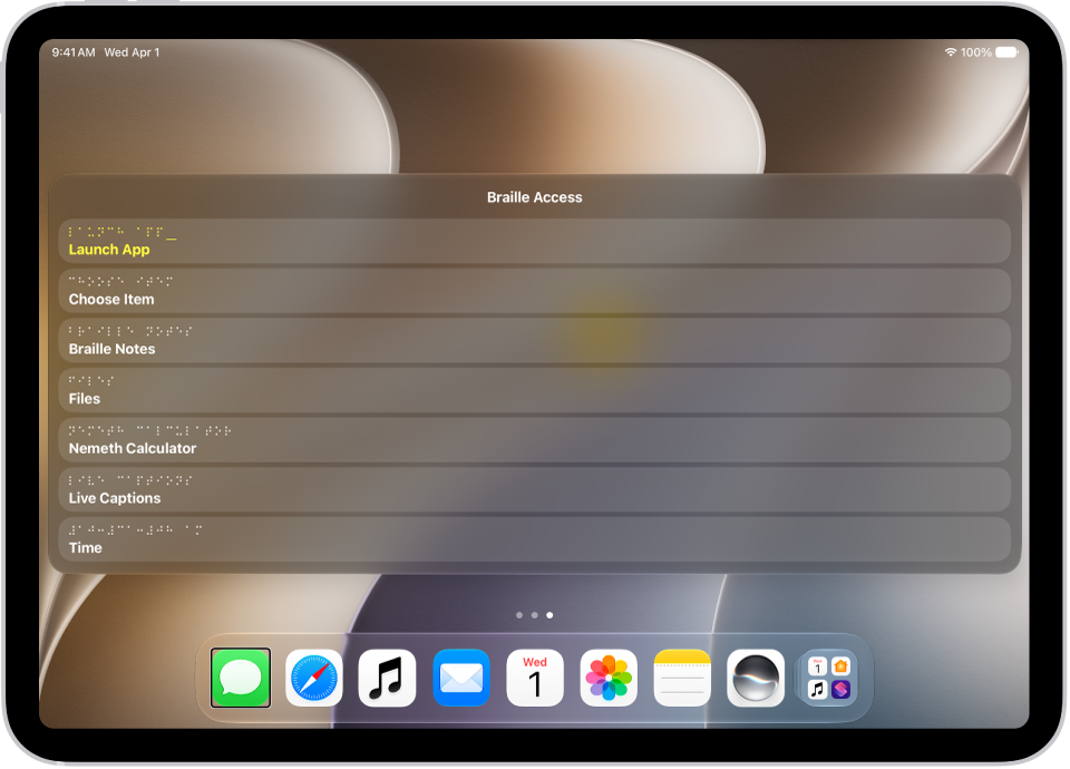 An iPad with the Braille Access menu open, showing the following options: Launch App, Choose Item, Braille Notes, BRF Files, UEB Calculator, Live Captions, and Time.