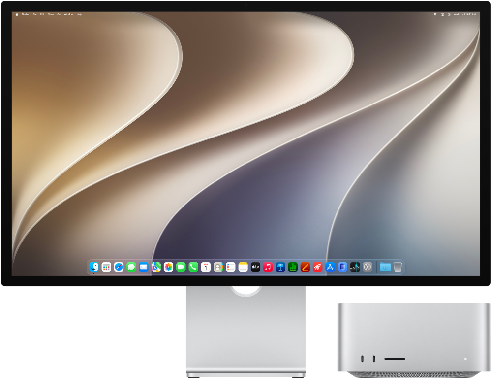 Mac Studio 和 Apple Studio Display 並排放置。