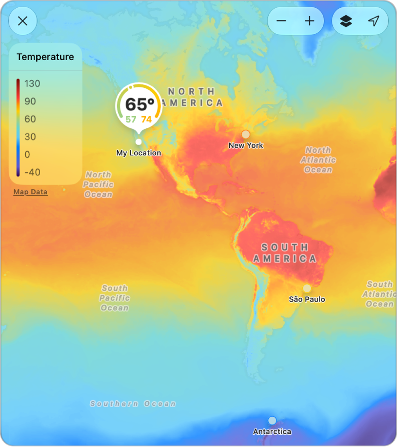 A weather map showing a range of temperatures.