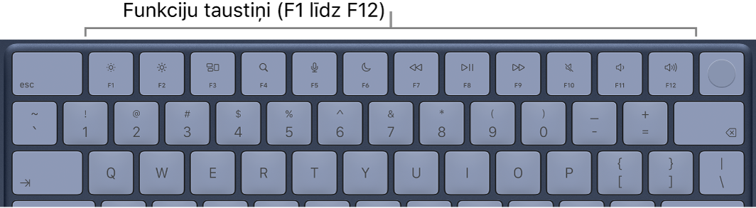 MacBook Neo datora klaviatūra ar funkciju taustiņu augšējo rindu.