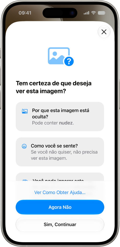 A tela Segurança de Comunicação mostrando um aviso de que uma imagem pode ser sensível com opções para obter ajuda.