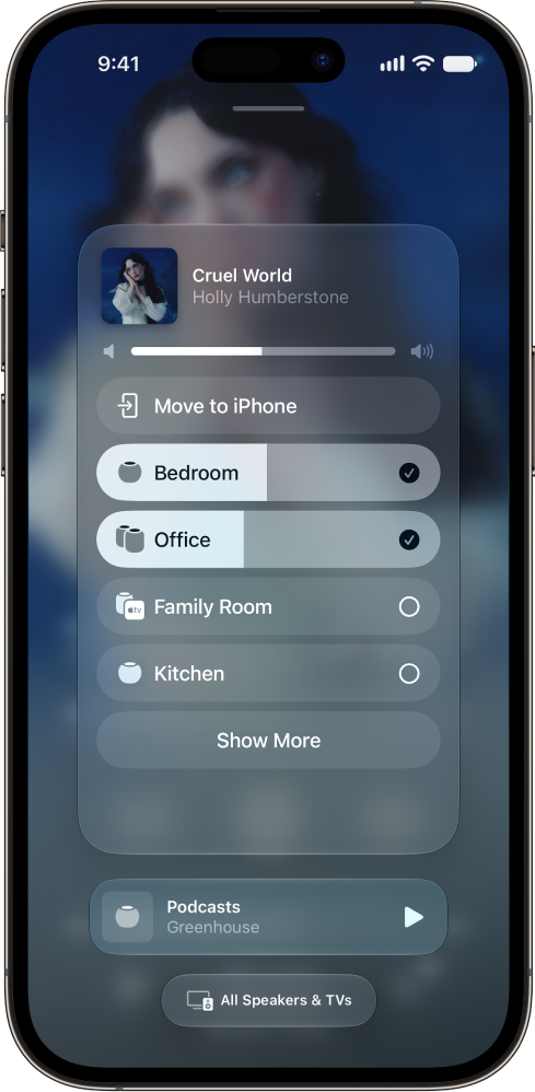 An AirPlay screen showing multiple speakers as audio destinations.
