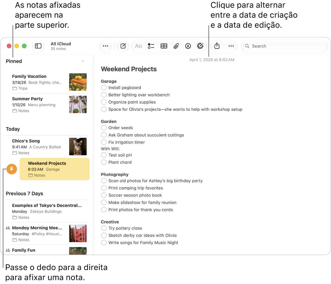 Uma janela do app Notas no Mac com a lista de notas à esquerda, notas fixadas na parte superior da lista de notas e o botão Fixar em uma nota. Conteúdo da nota que aparece à direita com a data na parte superior; clique na data para alterar entre a data de criação e a data de edição.