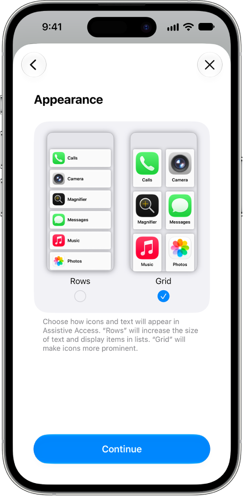 The iPhone screen showing different appearance options for Assistive Access.