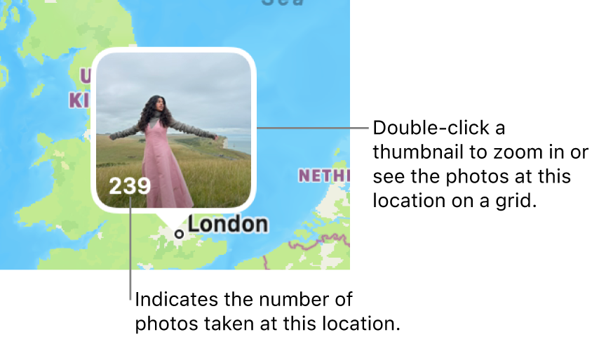 A photo thumbnail on a map, with a number in the lower-left corner indicating the number of photos taken at that location.