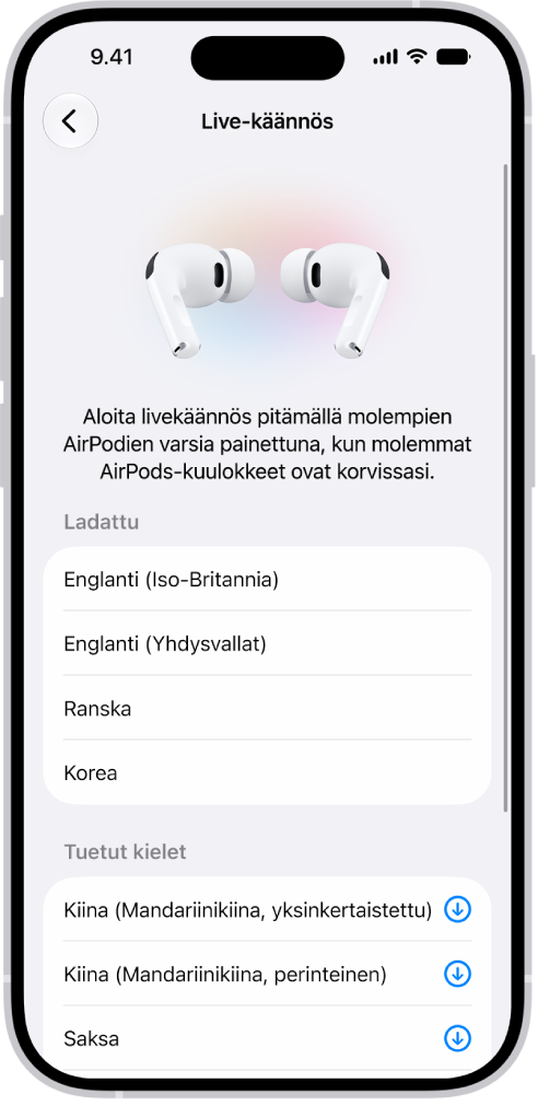 AirPods-kuulokkeiden Käännä-asetusten Tuetut kielet -näytöllä näkyy ladattujen ja tuettujen kielten luettelo.
