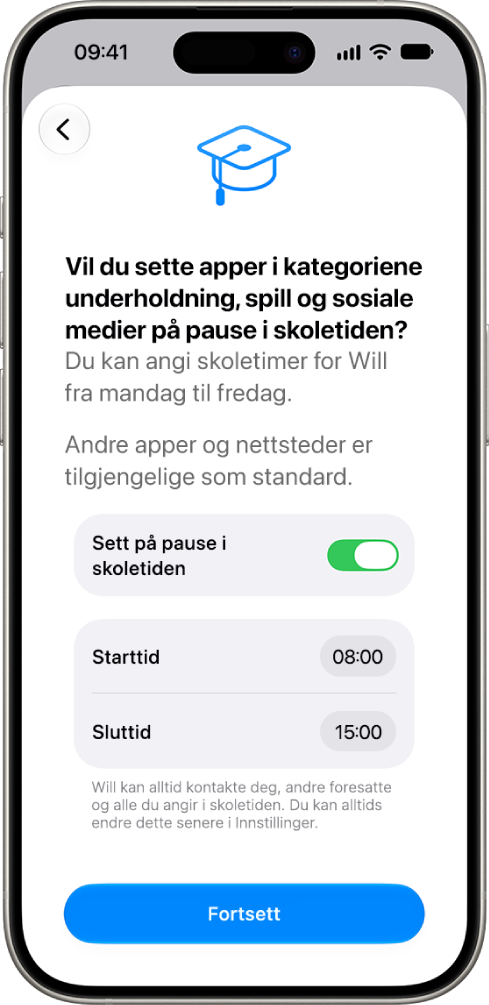 Skjermen for oppsett av foreldrekontroller viser tidspunkter for når barnet skal ta en pause fra bruk av enheten i skoletiden.