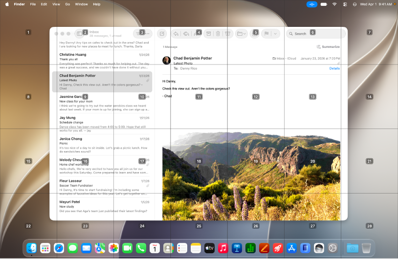 The Mail app open on the Mac desktop, with a grid superimposed over it. Each cell in the grid is labeled with a number.