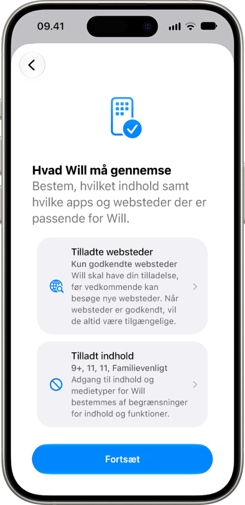 Skærmen til indstilling af børnesikring viser muligheder for typen af indhold, der er adgang til, f.eks. apps og websteder.
