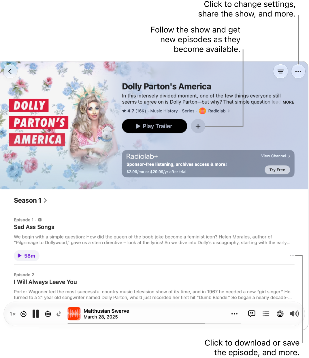 An information page for a podcast, showing the Follow and More buttons for the show at the top. At the bottom of the page is an episode summary and the More button for the episode.