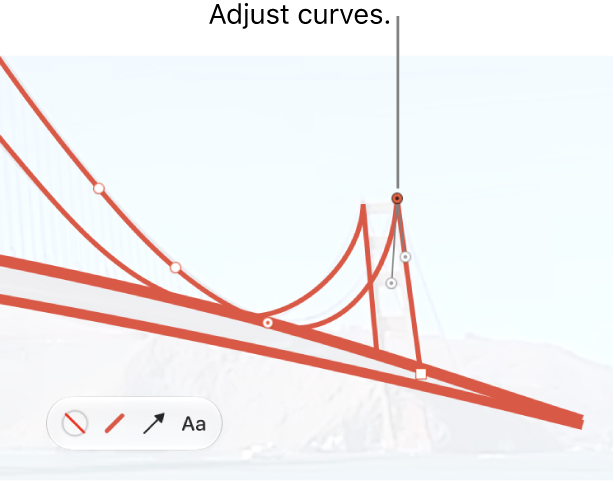 A vector drawing in Freeform with a point selected and the Bézier curve control lines visible.