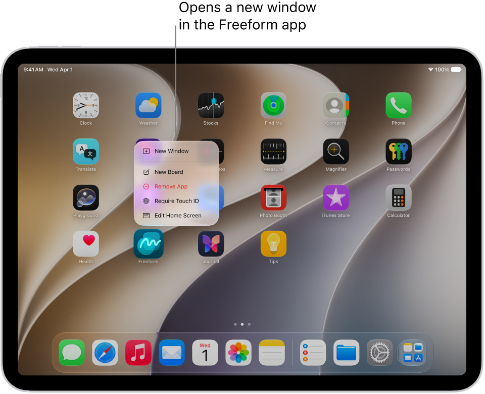 An iPad Home Screen with the Freeform app menu open, showing a list of actions you can choose—including open a new window in the app, create a new board, show all the open app windows, and others.