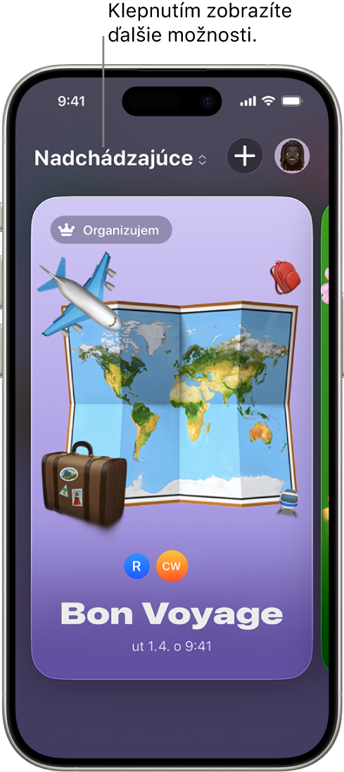 Obrazovka v&nbsp;apke Pozvánky zobrazujúca nadchádzajúcu udalosť.