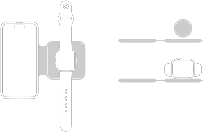 En illustration till vänster visar iPhone och Apple&nbsp;Watch som är placerade plant på MagSafe Duo-laddarens laddningsytor. En illustration till höger upptill visar den upphöjda laddningsytan för Apple&nbsp;Watch. En illustration nedanför visar hur Apple&nbsp;Watch placeras på den upphöjda laddningsytan.