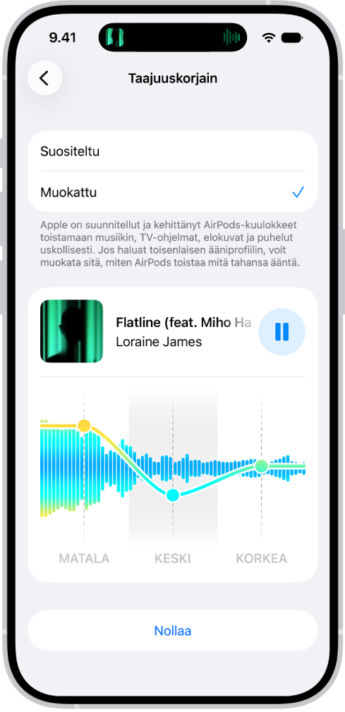 iPhonen näyttö, jossa taajuuskorjaimen asetuksena on Muokattu ja alla on Matala-, Keskitaajuus- ja Korkea-liukusäätimet.
