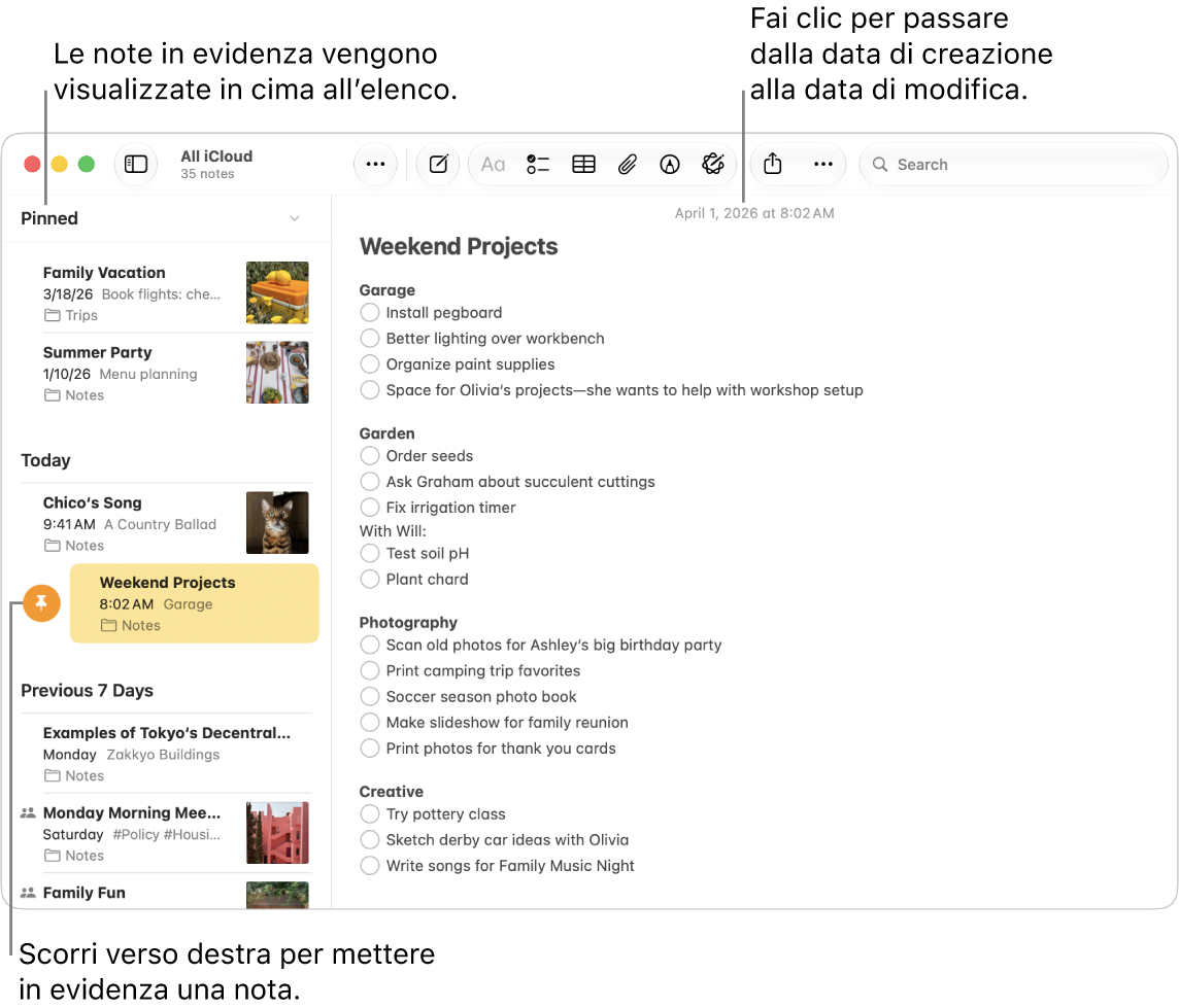 Una finestra dell’app Note sul Mac, con l’elenco di note a sinistra, le note in evidenza in cima all’elenco e il pulsante per metterle in evidenza in corrispondenza di una nota. Il contenuto di quella nota appare sulla destra con la data in alto; fai clic sulla data per passare dalla data di creazione alla data di modifica.