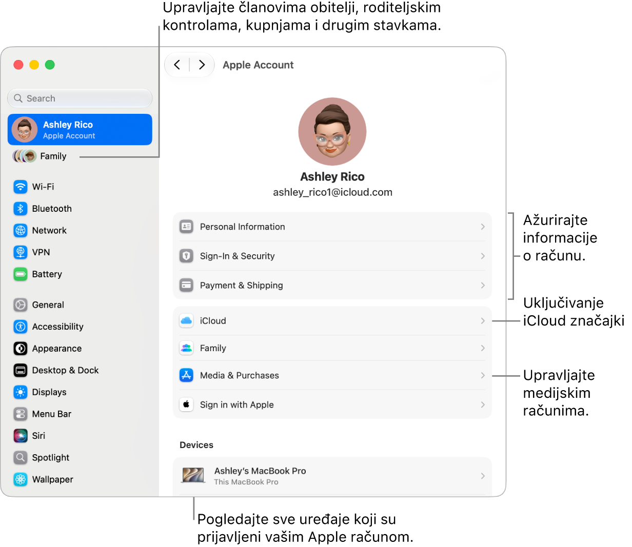 Postavke Apple računa u Postavkama sustava s oblačićima za ažuriranje informacija o računu, uključivanje ili isključivanje značajki iClouda, upravljanje medijskim računima i podešavanje postavki Obitelji, gdje možete upravljati članovima obitelji, roditeljskim kontrolama, kupnjama i ostalim.
