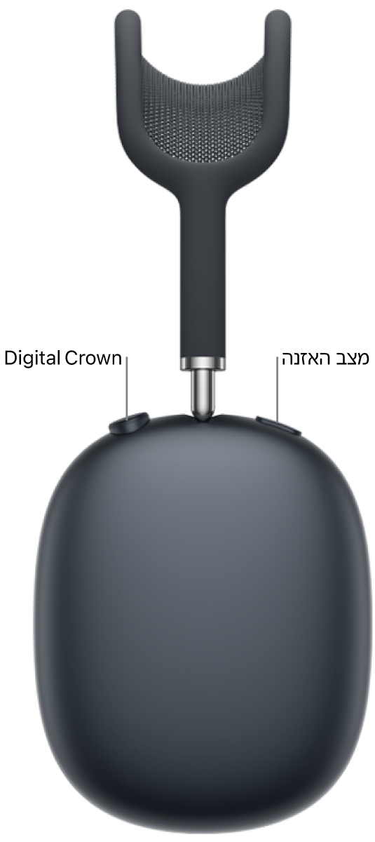 באוזניה הימנית של ה‑AirPods&nbsp;Max 2, ה‑Digital&nbsp;Crown מופיע בצד השמאלי העליון של האוזניה וכפתור מצב האזנה בצד הימני העליון.