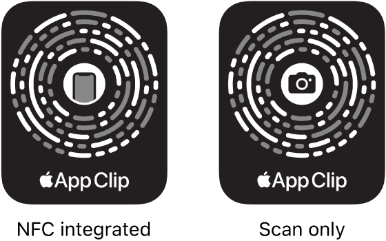 左侧为 iPhone 图标位于中间的集成 NFC 的轻 App 码。右侧为相机图标位于中间的仅供扫描的轻 App 码。